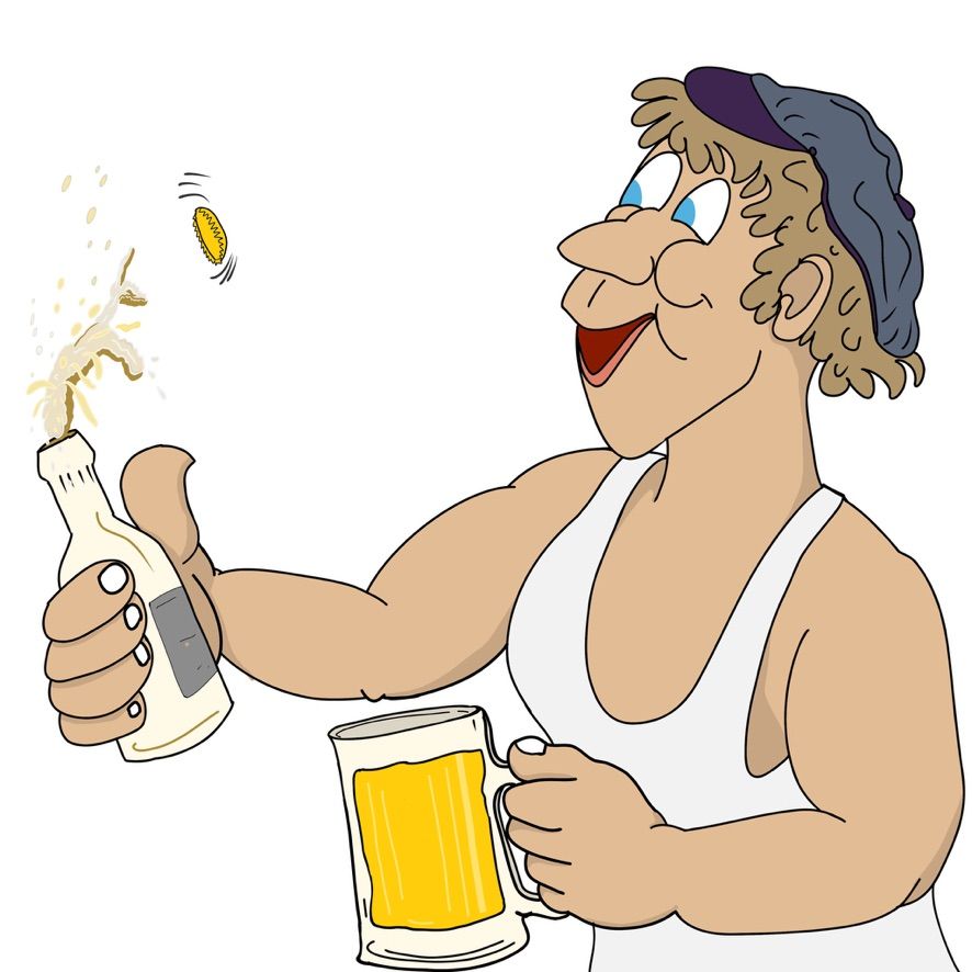 Illustration humoristique d’un homme musclé levant une bière avec des pièces d’or qui fusent. Création originale Action Jumix pour une touche fun.