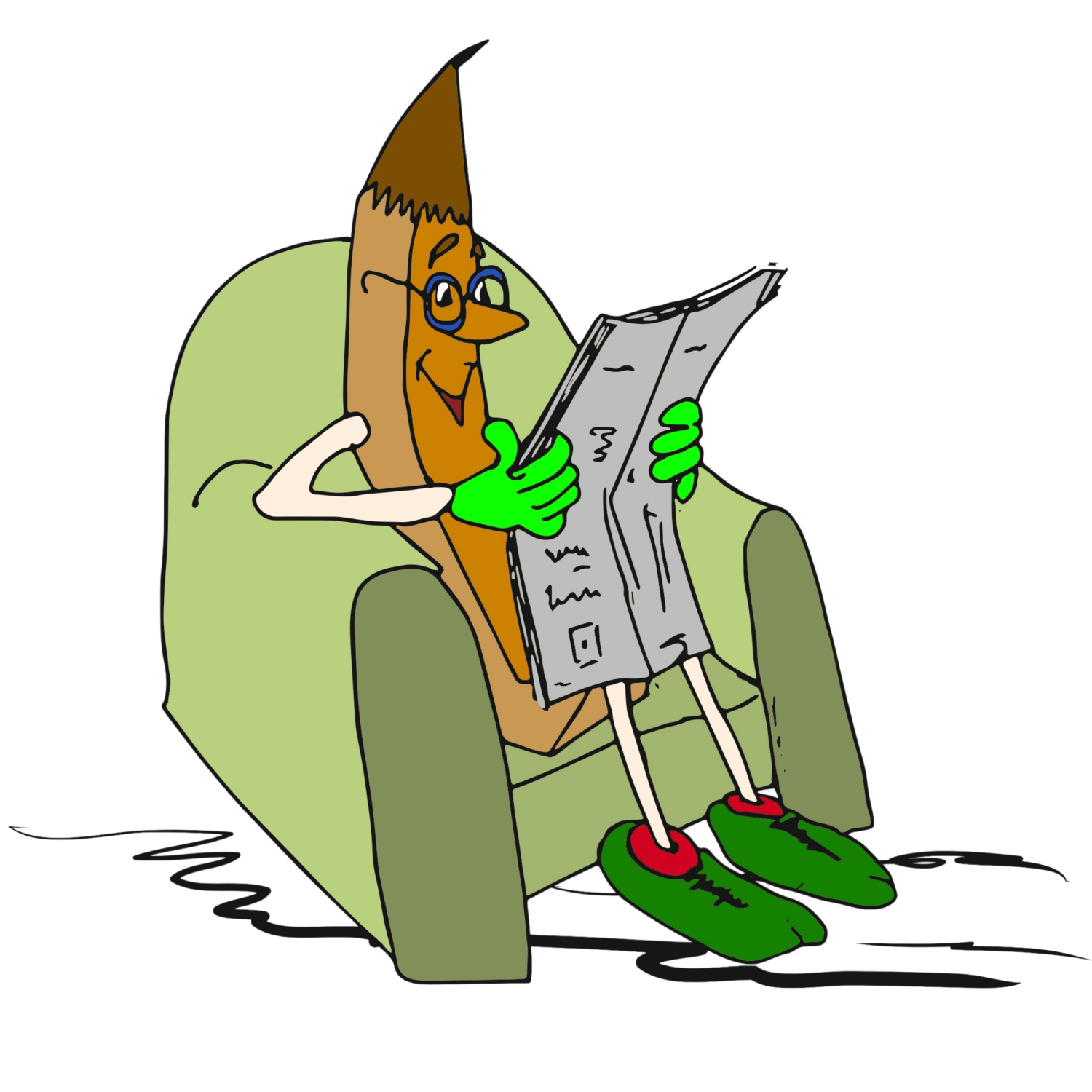 Personnage crayon assis dans un fauteuil vert en train de lire un journal, illustration de style bande dessinée.