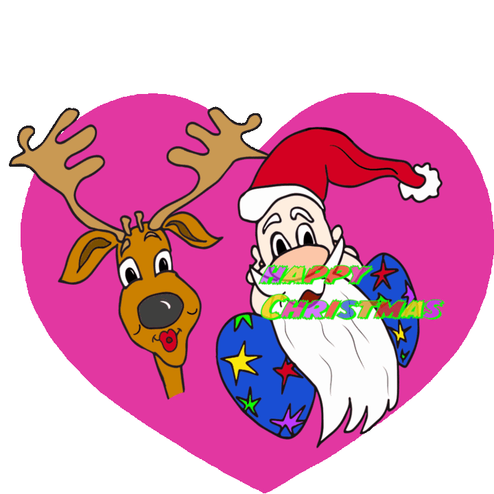 Père Noël et renne dessiné sur fond de cœur rose avec cadeaux étoilés et texte ‘Happy Christmas’.