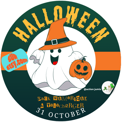 Illustration Halloween avec fantôme souriant, citrouille et chapeau pointu, texte ‘pack numérique à télécharger 31 October’ et mention Etsy.